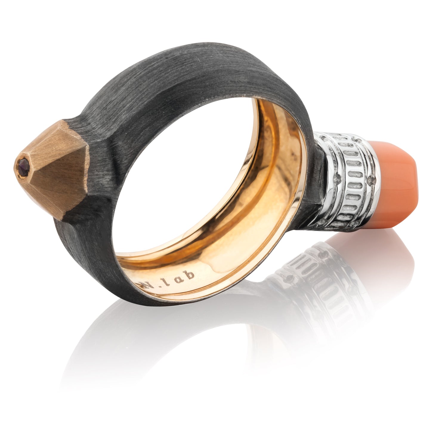 Pencil silver ring with sapphire and coral