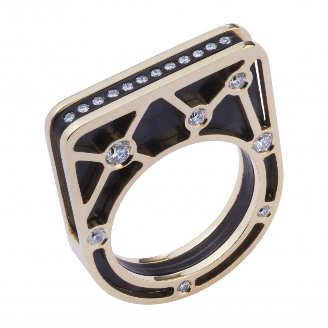Gold and carbon ring with diamonds