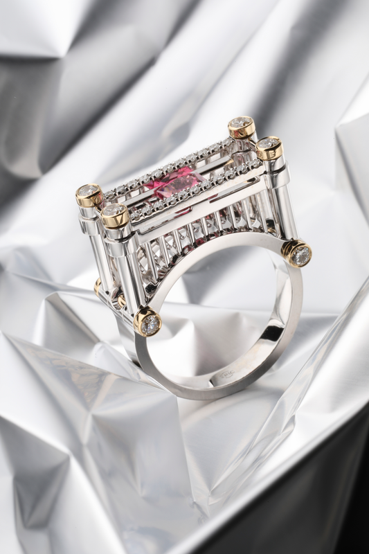 Railroad bridge gold ring with spinel and diamonds