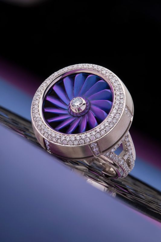 Turbine gold and anodized titanium ring with diamonds